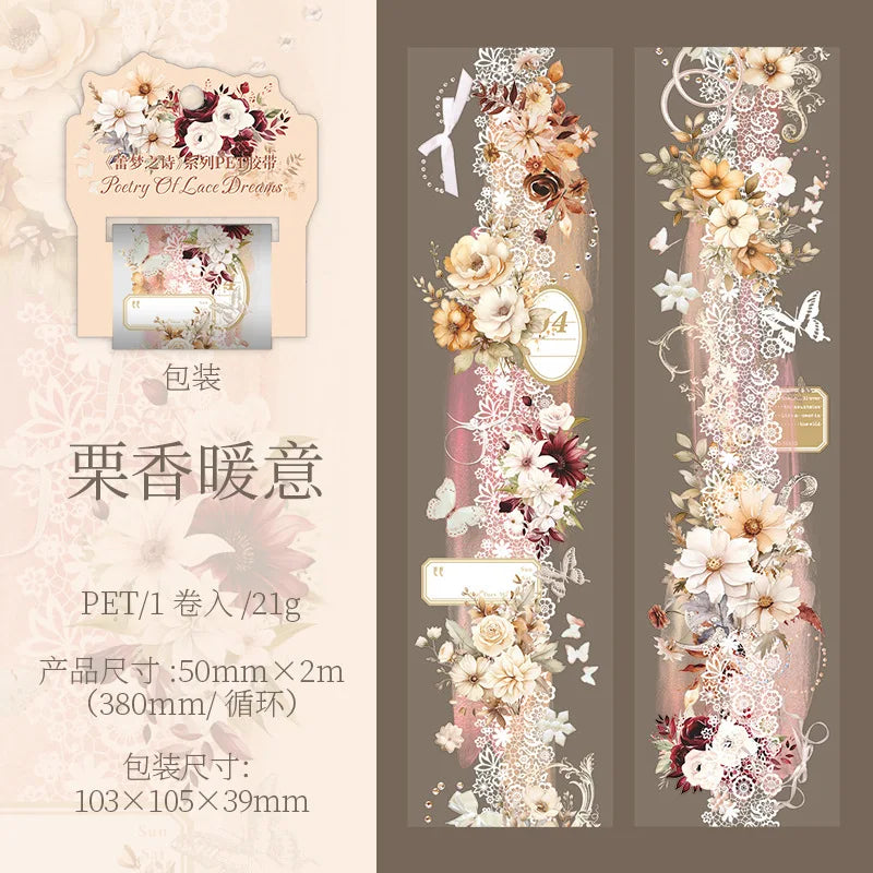 Mr. Paper 1 Roll Lace Flower PET Tape Home Decoration for Scrapbook Frame Phone Case Notebook Phone Case Collage Sticker Gifts