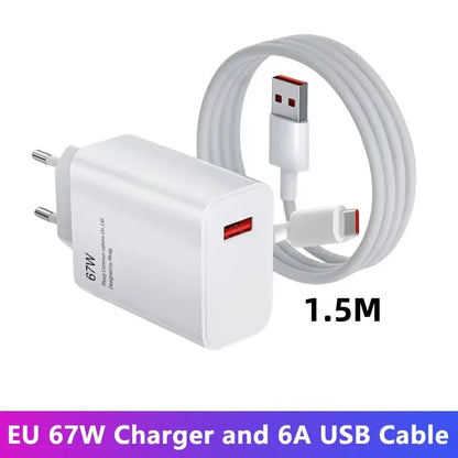 EU US UK Plug 67W 6A USB Fast Charger For Xiaomi 10T 11 12 Lite 13T Redmi Note 10 11T 12 13 POCO X4 X5 F5 Type C Charging Cable