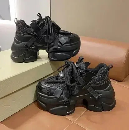 8CM Women Bling Red Chunky Sneakers Winter High Platform Warm Fur Shoes Ladies Wedges Casual Dad Shoes Leather Sports Sneakers