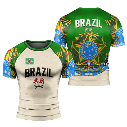 Brazil Jiu-Jitsu Rash Guard,Men Women Short Sleeve Compression Training Shirt with Brazil Flag Print Quick-Drying Sports T-shirt