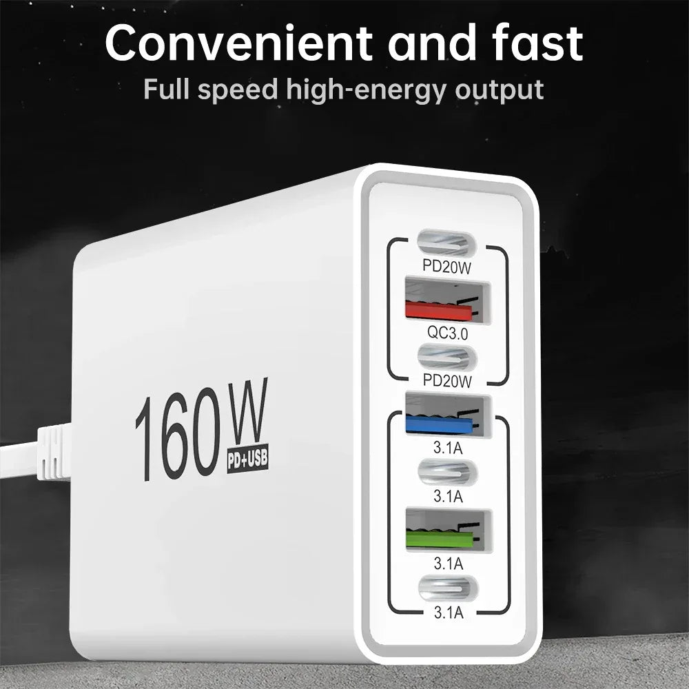 160W 7 Ports USB Charger USB Type C Wall Charger Adapter For Xiaomi iPhone Samsung POCO EU/US Plug USB PD Travel Chargers Socket