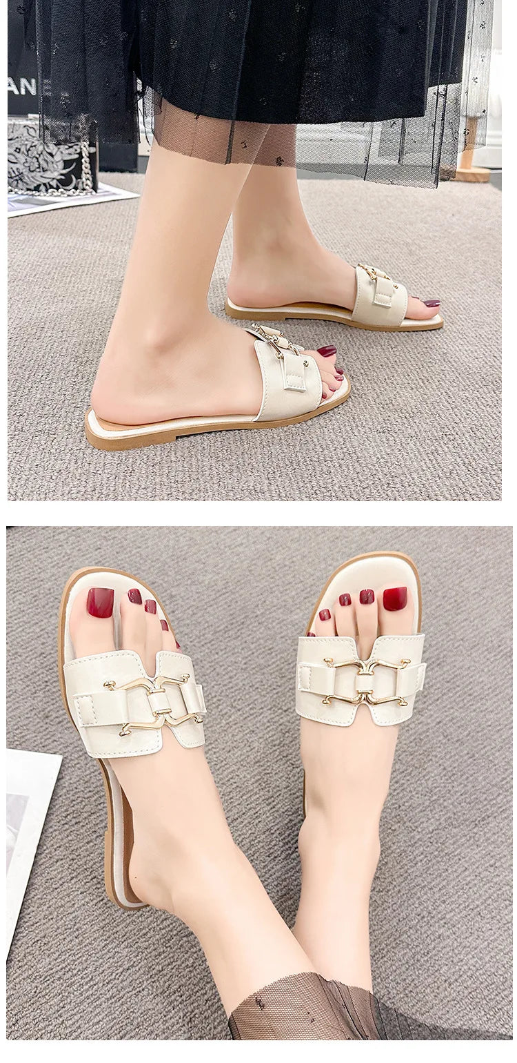 2024European and American Style Summer Fashion Out Flip-flops Flat Leisure Horse with Buckle Temperament One Line Slippers Woman