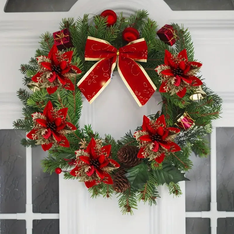 40PCS Artificial Glitter Christmas Flowers with Clips for Xmas Tree Ornament Fake Flower Floral New Year Party Home Decoration