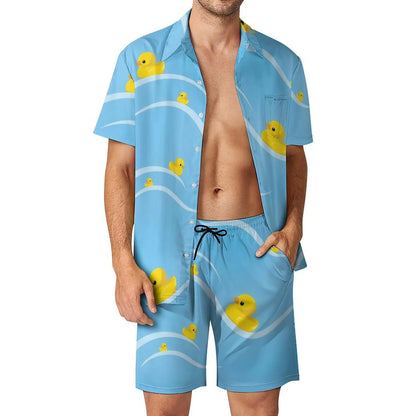 Summer Yellow Rubber Duck 3D Print Men Shirt Sets Short Sleeve Shirt Oversized Beach Shorts Streetwear Hawaiian Suits Clothes
