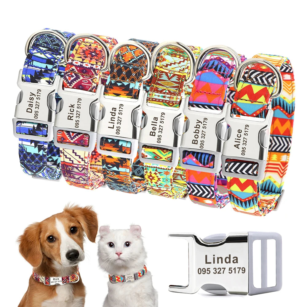 Custom Large Dog Collar Cute Print Personalized Pet Collar Nylon Puppy Dogs ID Collars Engraved Name for Small Medium Large Dog
