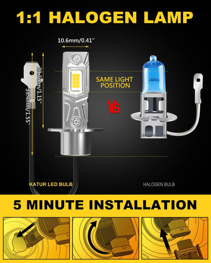 Katur 2Pcs Super LED H3 Fog Lamp Fanless H3 LED Canbus Mini Design 12V DC Car Driving Light Headlight Bulbs DRL 6000K White Bulb
