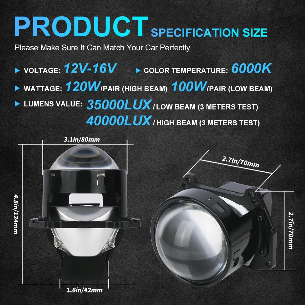 2PCS 3 Inch Bi LED Projector Headlights Lenses for Hella LED Lights Projector 130W 60000LM Diode Headlamp Car Accessories