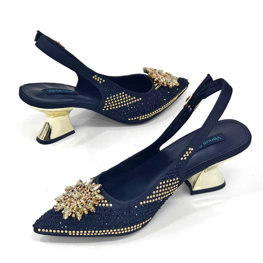 Venus Chan 2024 Summer New Design Specials Italian Women Shoes and Bag Set Fuchsia Color Comfortable High Heels With Rhinestone