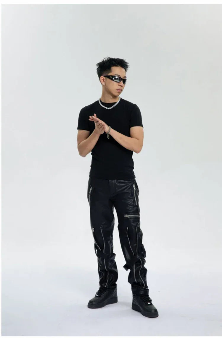 Mauroicardi Spring Autumn Cool Black Pu Leather Pants Men with Many Zippers Belt Luxury Designer Clothing Trousers Fashions 2023