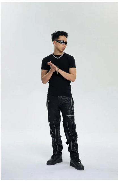 Mauroicardi Spring Autumn Cool Black Pu Leather Pants Men with Many Zippers Belt Luxury Designer Clothing Trousers Fashions 2023