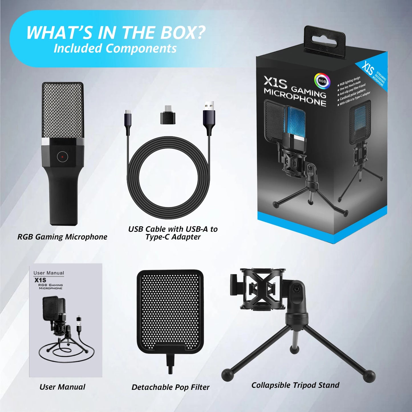 Professional Microphone Condenser Gaming Mic PC Laptop Computer USB Wired Streaming Studio Podcast Mike Kit Gamer RGB PC Karaoke