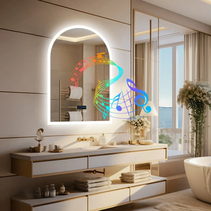 60x90CM Arched LED Mirror for Bathroom Backlight Wall Vanity Mirror w/ Bluetooth, Date and Time, Touch Antifog, Digital Display