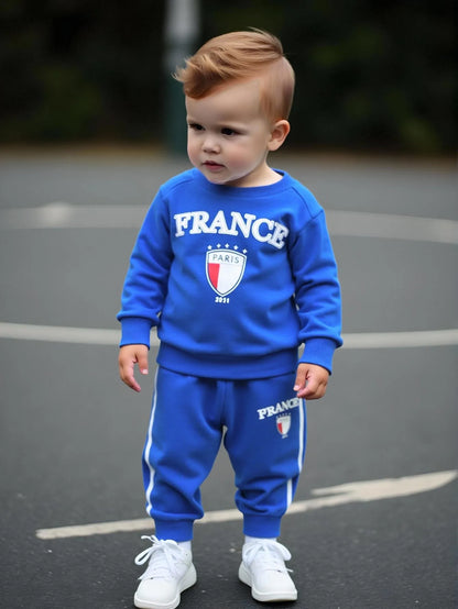 Two piece set of baby boy sports and leisure English letter printed round neck long sleeved top and pants set