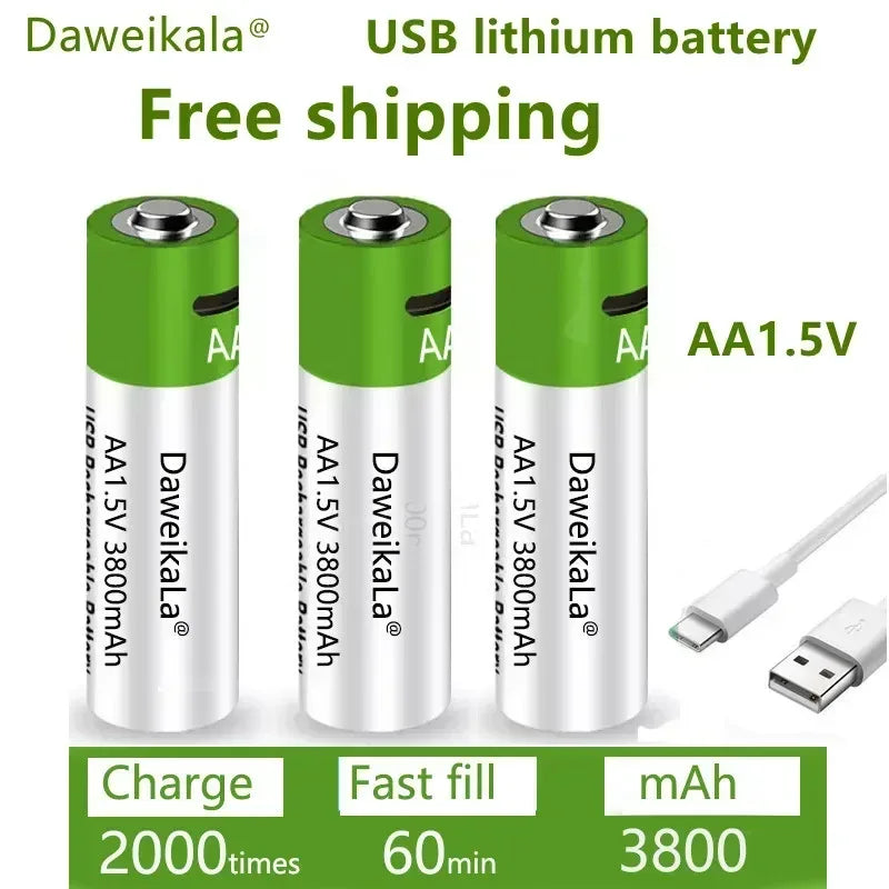 New 1.5V AAA grade lithium-ion battery with 3000mAh capacit USB rechargeable battery suitable forRomote Control LED toy keyboard