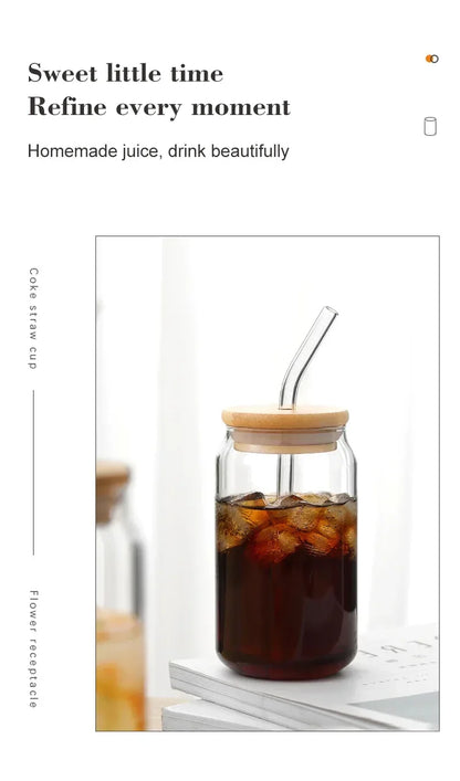 Glass Cup With Straw and Bamboo Lid Transparent Bubble Tea Cup Cold Drinking Glasses Iced Coffee Mug Beer Can Juice Milk Cup
