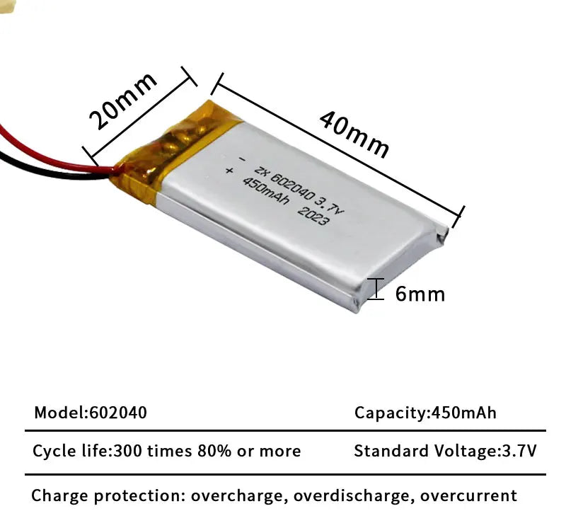 602040 Li Po Battery 3.7V Lithium Batteries 450mAh Lipo Rechargeable Cell for Smart Wearable Walkie Talkie GPS PSP Game Console