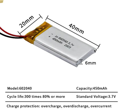 602040 Li Po Battery 3.7V Lithium Batteries 450mAh Lipo Rechargeable Cell for Smart Wearable Walkie Talkie GPS PSP Game Console