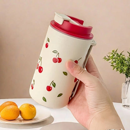 350/400ML Plastic Coffee Mug With Cherry Pattern Travel Portable Water Bottle Tumbler Sealed Leak Proof Drinking Cup Drinkware
