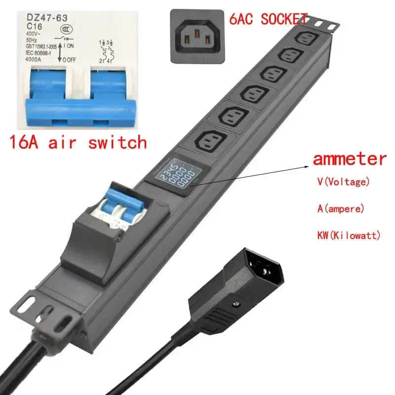 19 inches PDU SPD ammeter overload protection air switch Short circuit switch module power strip  IEC-320 C13 output C14 PLUG