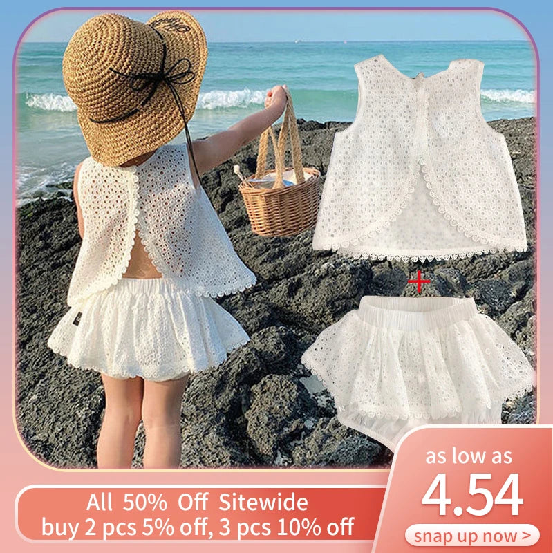 2Pcs Summer Kids Girl White Dress Sets Korean Princess Baby Sleeveless Skirt Hollow Cotton Chidlren Outfits Two Pieces Clothes