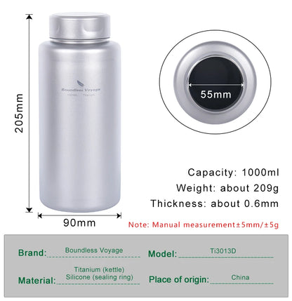 Boundless Voyage Sports Bottle 1000ml, Titanium Water Bottle Wide Mouth, Camping Hiking Cycling Drinkware, Tea Coffee Canteen