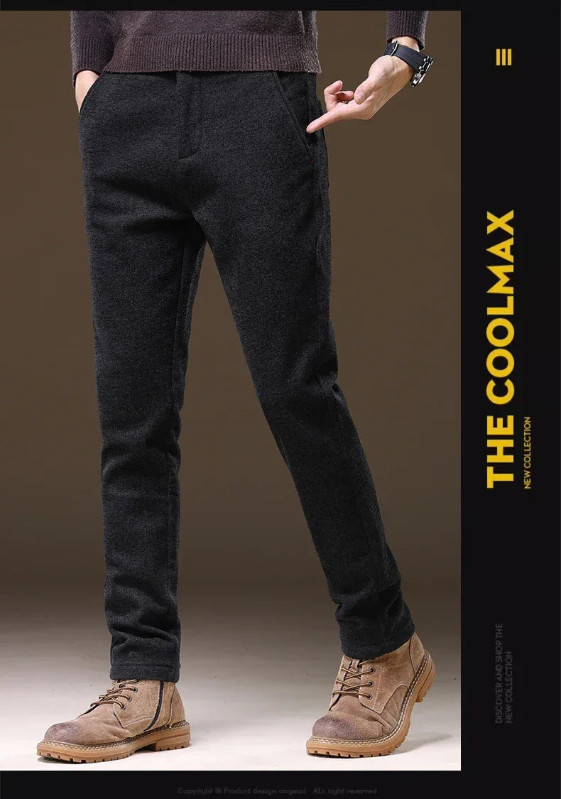 Casual Pants Men Winter New Fleece Business Elastic Waist Slim Korean Warm Thick Brushed Plush Trousers Male 28-38