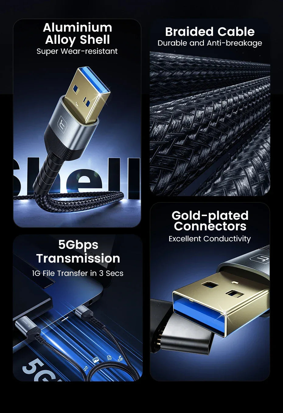 Toocki USB3.0 Extension Cable Male to Female Hi-Speed Transmission Data Cable for PC Laptop TV Xbox USB Extender Cord