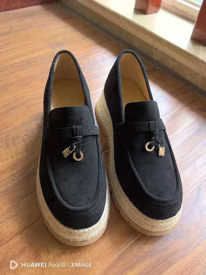 MKKHOU Fashion Loafers New High Quality Real Leather Suede Vintage Straw Braid Platform Shoes Daily Casual Light Shoes Neutral