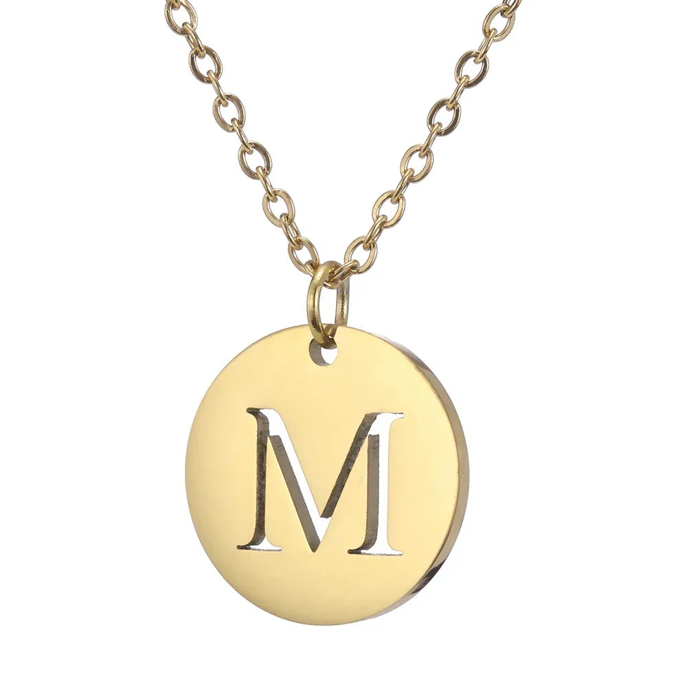 New Trend Stainless Steel Gold Silver Color Initials Necklace Hollow Round 26 Letter Pendant Necklace Jewelry Christmas Gift