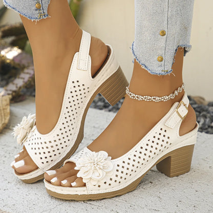 Women's Chunky Heel Sandals Summer 2026 Fashion Flower Hollow Beach Shoes Lightweight High Heeled Casual Sandals for Women
