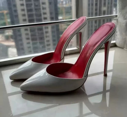 Summer black patent leather high heels with pointed toes shallow mouth thin heels slippers sexy versatile plus size lazy shoes
