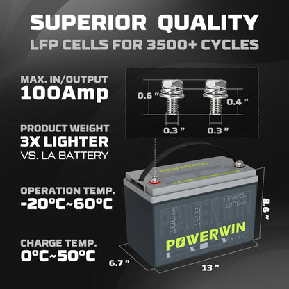 POWERWIN BT100 12.8V 100Ah 1280Wh LiFePO4 Battery 4000+Deep Cycle Rechargeable Built-in BMS Grade A Cell Solar Power Inverter
