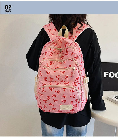 3 Pcs/Set Cute girl Large Capacity Backpack Bow Print Nylon Schoolbag Adjustable Strap Women daily Campus Backpack