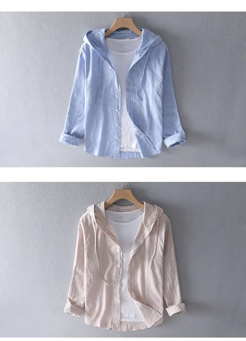Spring Summer New Hooded Long-sleeved Solid Inen Shirt Trendy Men's Thin Loose Youth Fashionable Cotton Linen Sunscreen Shirt
