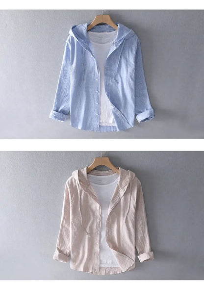 Spring Summer New Hooded Long-sleeved Solid Inen Shirt Trendy Men's Thin Loose Youth Fashionable Cotton Linen Sunscreen Shirt