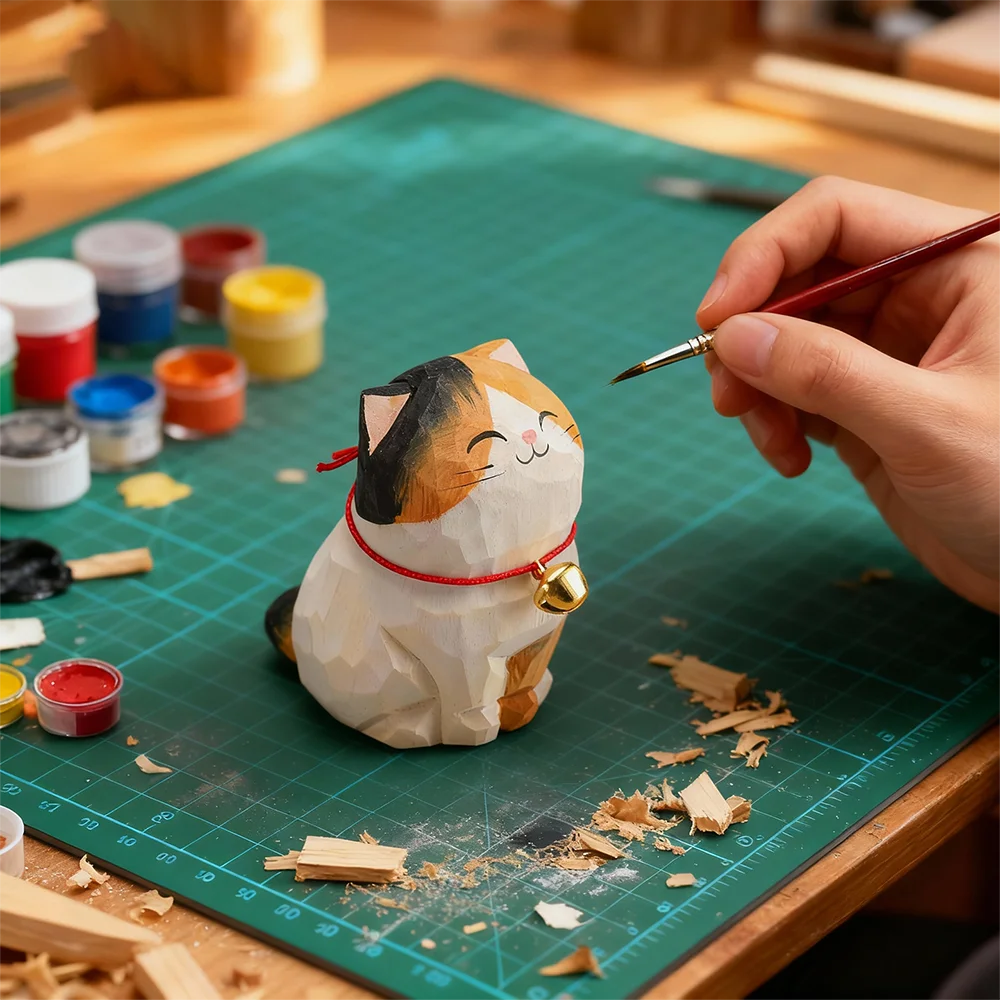 Cute Cat Animals Figurine Decorative Wooden  Ornament Kitten Statue Calico Golden gradient cat Home Office Desk Car Decor Gift