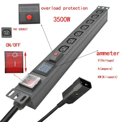 19 inches PDU SPD ammeter overload protection air switch Short circuit switch module power strip  IEC-320 C13 output C14 PLUG