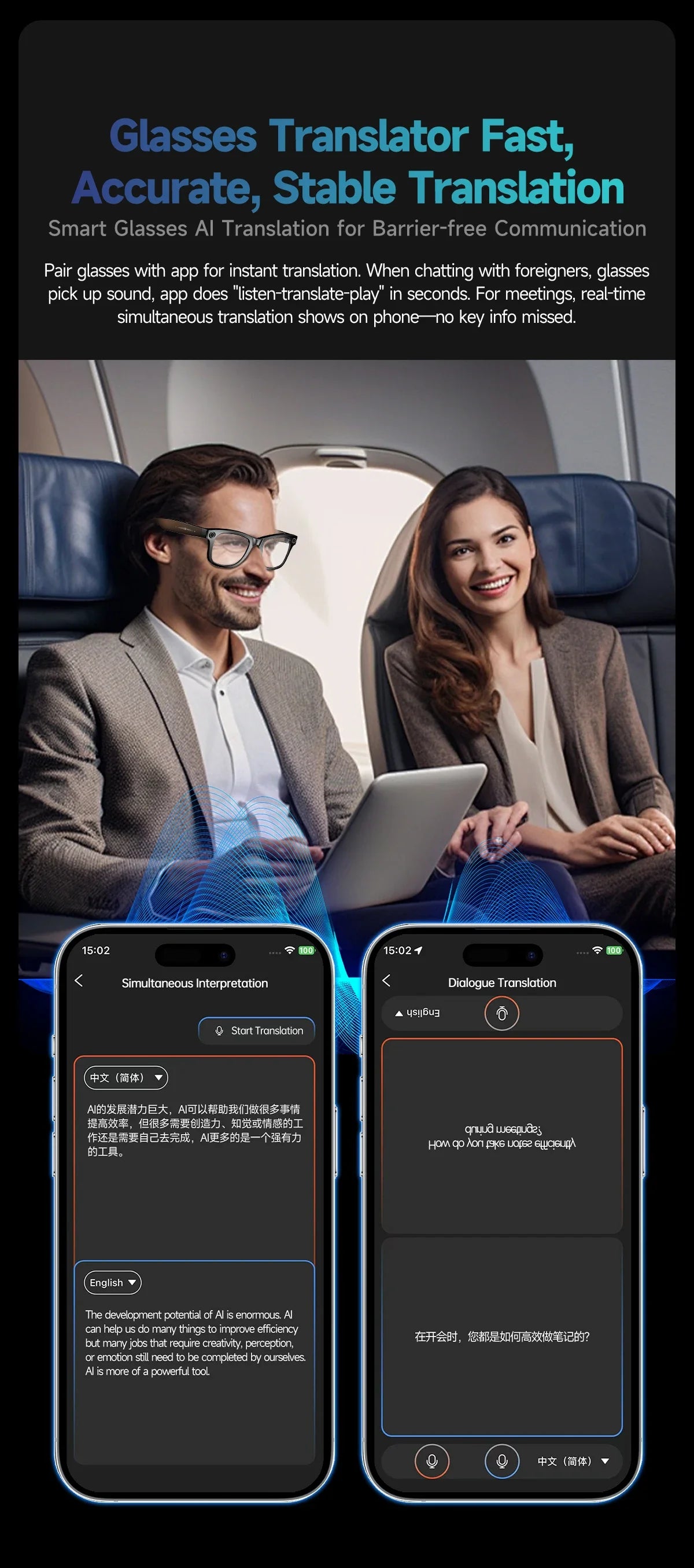 Lunettes de soleil intelligentes 2025 avec intelligence artificielle, caméra vidéo 8 MP, traduction, appels Bluetooth, lecture de musique, enregistrement vidéo (plus de 100 vidéos) pour hommes et femmes.