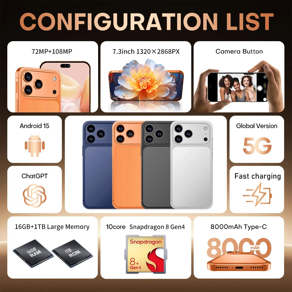 Hot 2026 High Quality i17 Pro Max Original Intelligent 4G 5G Dual Card Dual Standby System Global Version 8000mAh Battery