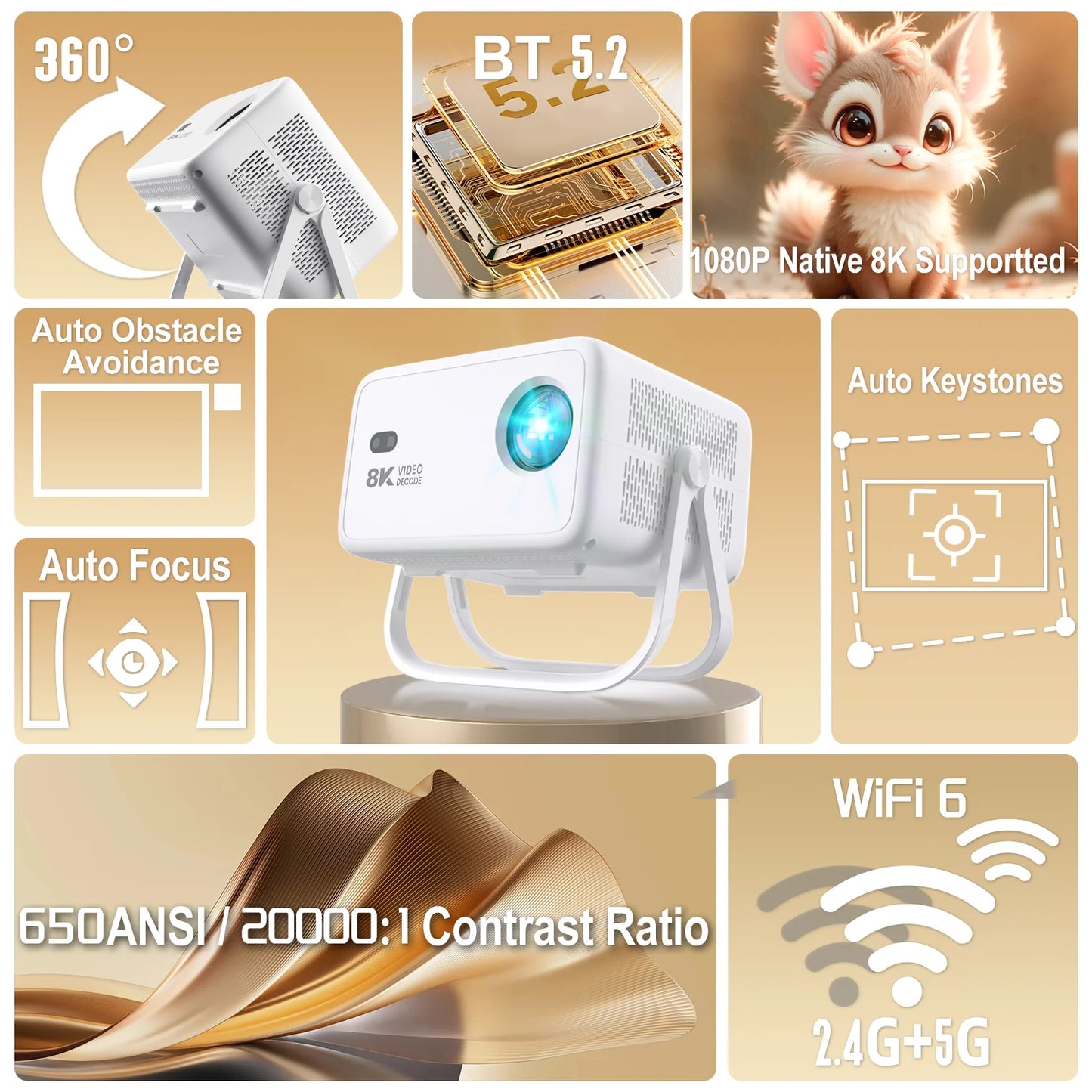 Velec 8K Video Decode Projector TP350 650 ANSI 1080P Auto Focus Android 14 H726 Portable Outdoor Smart Home Theater Projectors