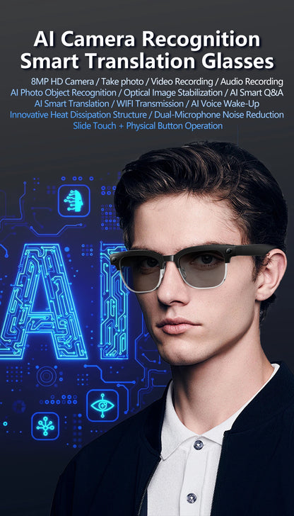 Lunettes intelligentes avec traduction IA, caméra HD 8 mégapixels, stabilisation optique de l'image, double microphone et réduction du bruit.