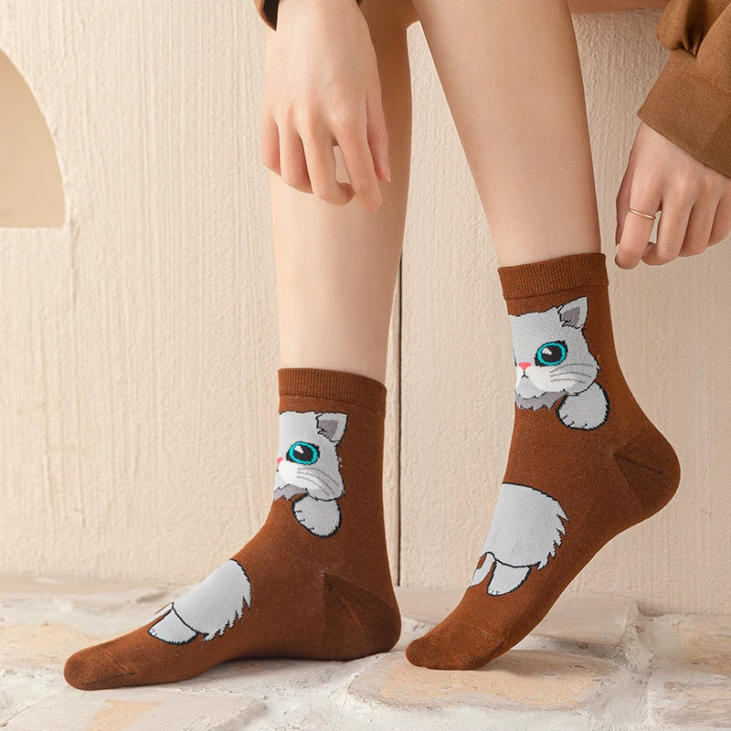 1/5 Pairs New Arrivals Women Socks Cartoon Animal Cat Spring Autumn Kawaii Comfortable School Girls Female Casual Funny Socks