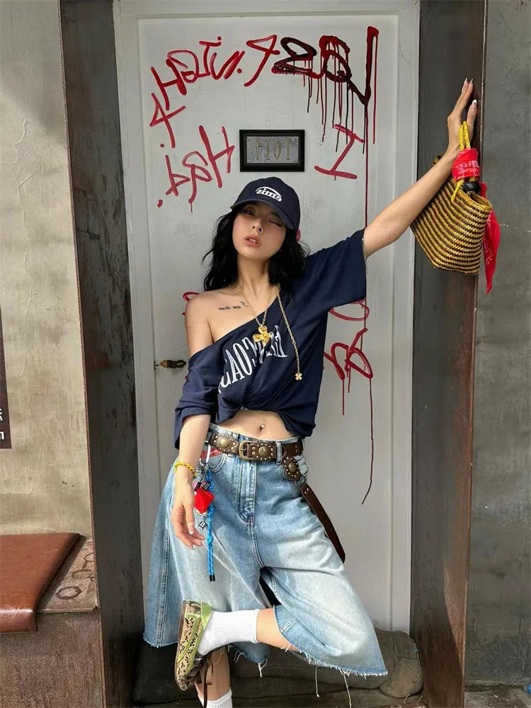 Yedinas Loose Off Shoulder Letter Graphic T Shirts Woman Clothing Short Sleeve American Retro Summer Tops Korean Style Y2k Tees