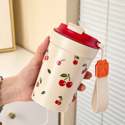 350/400ML Plastic Coffee Mug With Cherry Pattern Travel Portable Water Bottle Tumbler Sealed Leak Proof Drinking Cup Drinkware