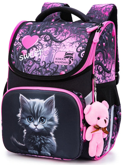 Orthopedic School Backpack For Girls Cartoon Cat Primary School Grade 1 Students Bags Kids Satchels Female Bookbag 7-9 Years