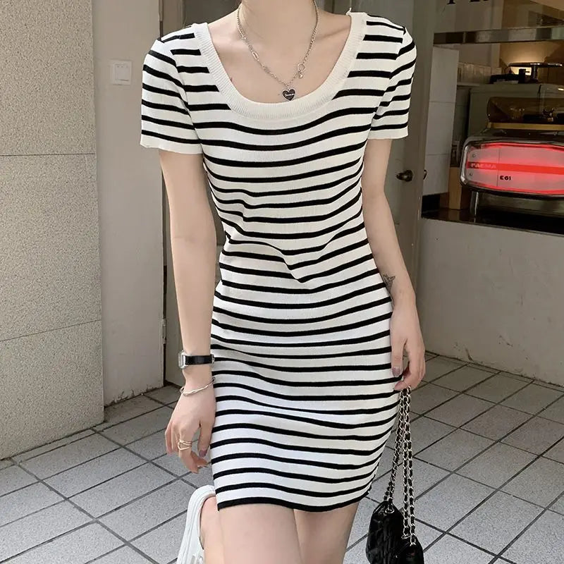 Fashion Striped Knitted Mini Dress Summer Korean Square Collar Waist Women's Clothing Slim Bag Hip Casual Short Sleeve Dresses