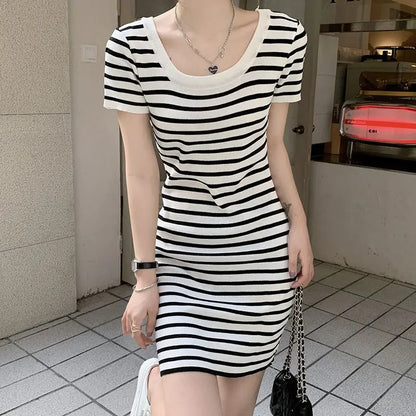 Fashion Striped Knitted Mini Dress Summer Korean Square Collar Waist Women's Clothing Slim Bag Hip Casual Short Sleeve Dresses