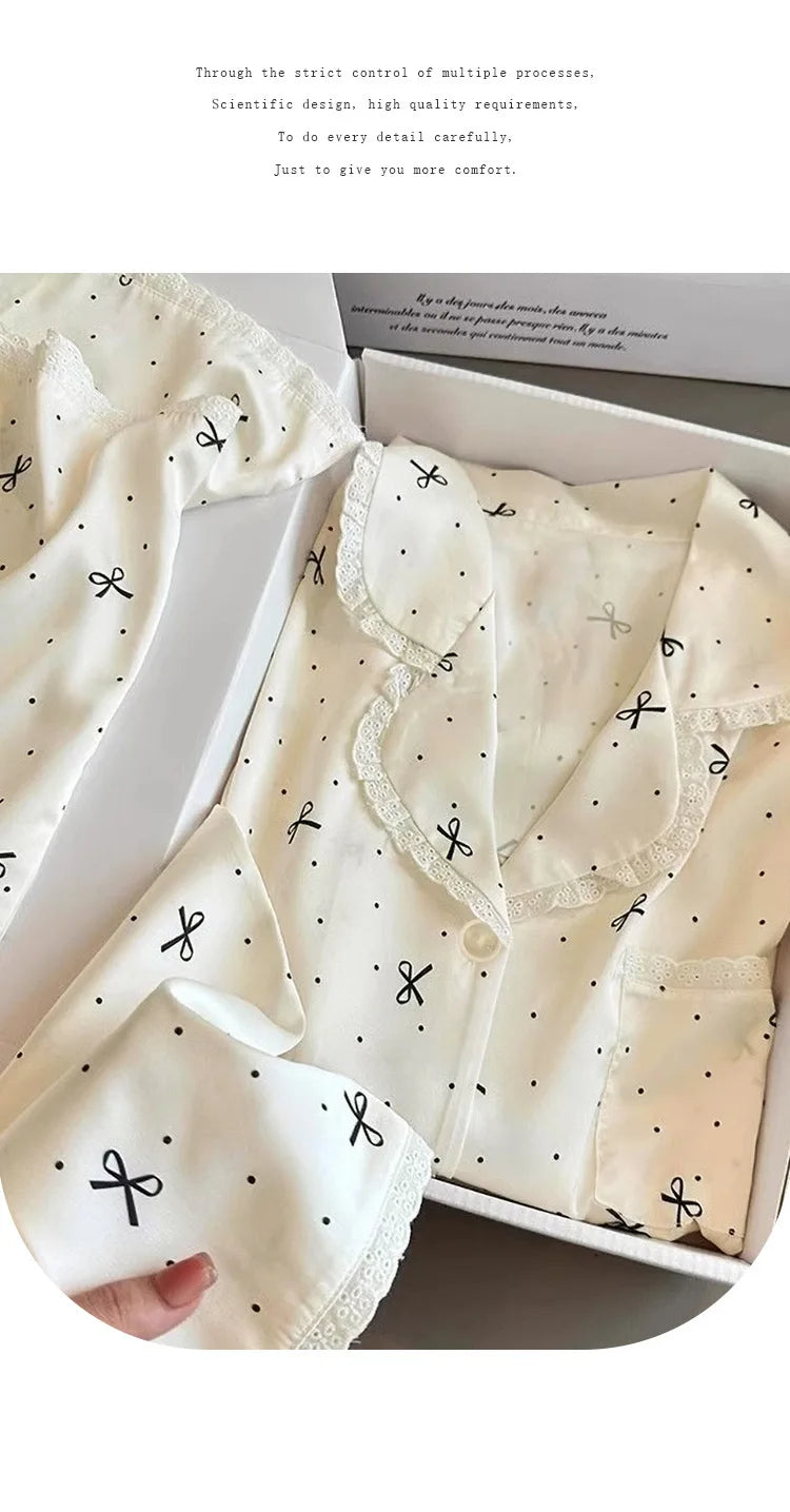 French-Inspired Chic, High-Fashion Aesthetic Instagram-Worthy Bow-Adorned Ice-Silk Lace-Trimmed Long-Sleeved Trouser Pyjamas
