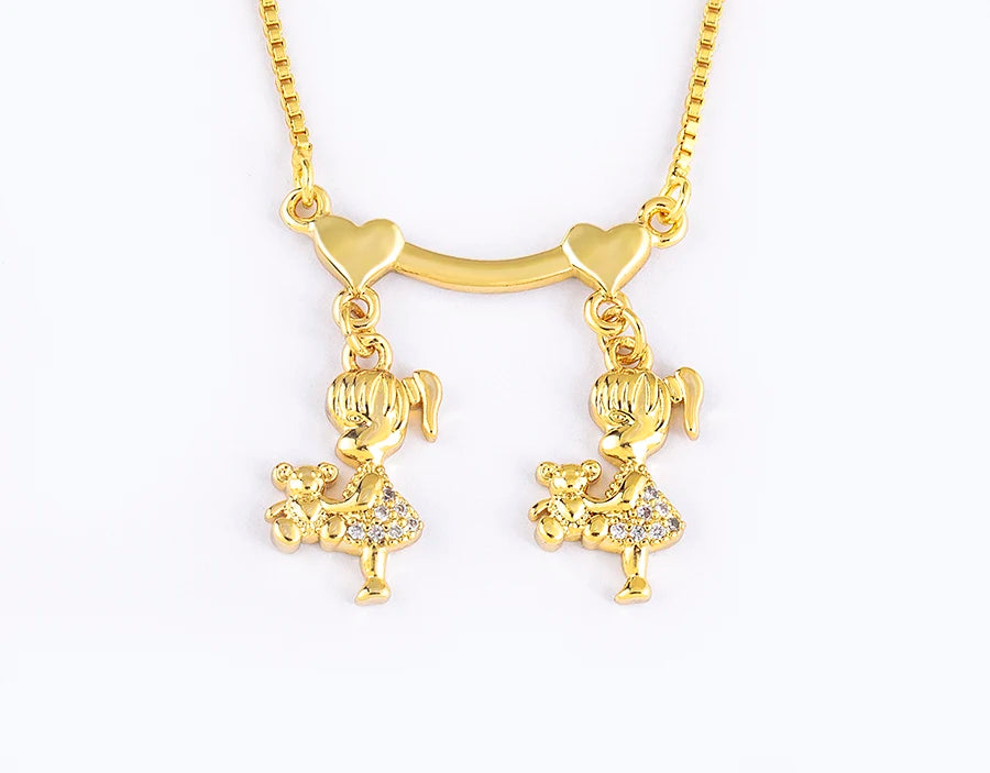 Nidin Exquisite Gold Plated Mom Daughter Necklace Girl Boy Pendant Chain Choker Cubic Zirconia Jewelry Mother's Day Gift