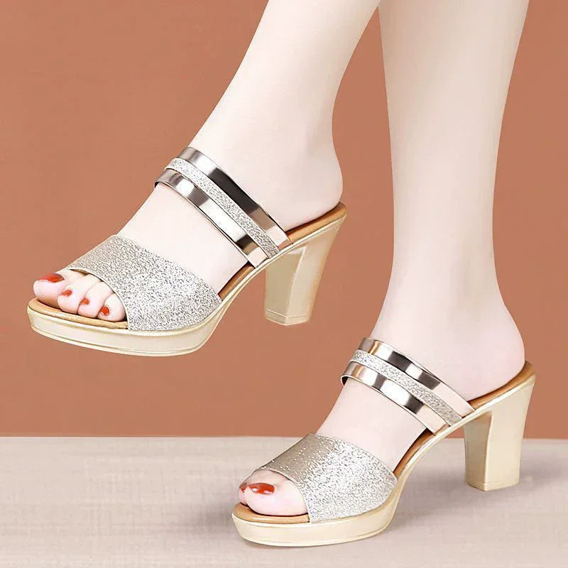 women's sandals summer 2024 Ladies Sequin Fabric High Heels Buckle Cool woman sandals Summer Casual Open Toe slippers Ladies